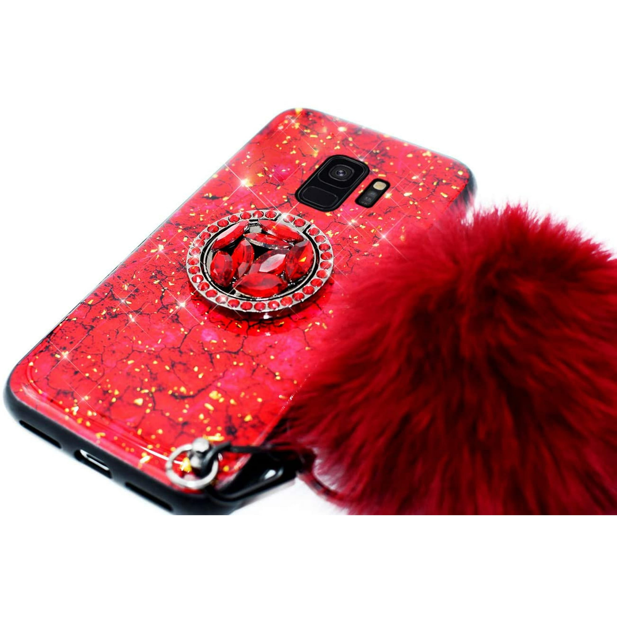 Case for Galaxy S8 Plus,Girls Women Marble Design Inlaid Glitter Rhinestone Diamond Bling Shockproof Hybrid Hard Back TPU Bumper Case & Furry Ball Ring Kickstand for Galaxy S8 Plus Diamond Case,Red Case for Galaxy S8 Plus,Girls Women Marble Design Inlaid Glitter Rhinestone Diamond Bling Shockproof Hybrid Hard Back TPU Bumper Case & Furry Ball Ring Kickstand for Galaxy S8 Plus Diamond Case,Red